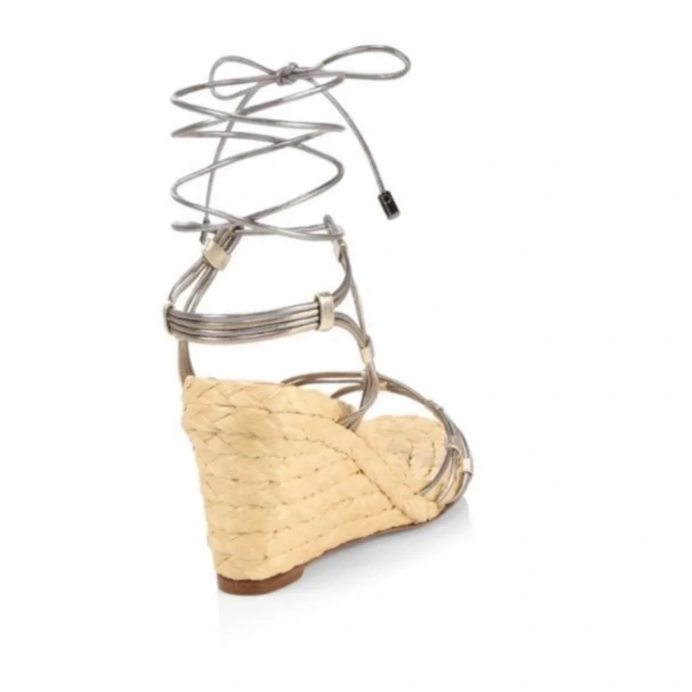 ALEXANDRE BIRMAN Leona Ankle-Wrap Metallic Leather Espadrille Wedge Sandal 38.5